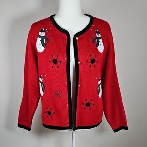 Croft & Barrow SP Red Knit Button Embroidered Cardigan Snowmen Snowflakes